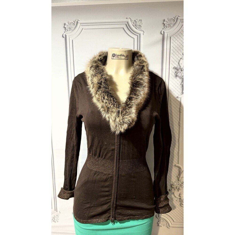 Vintage Cache Cardigan faux fur collar Size M